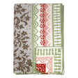 Folded lambswool blanket featuring gray, green, red, and white floral and geometric patterns on a light surface.