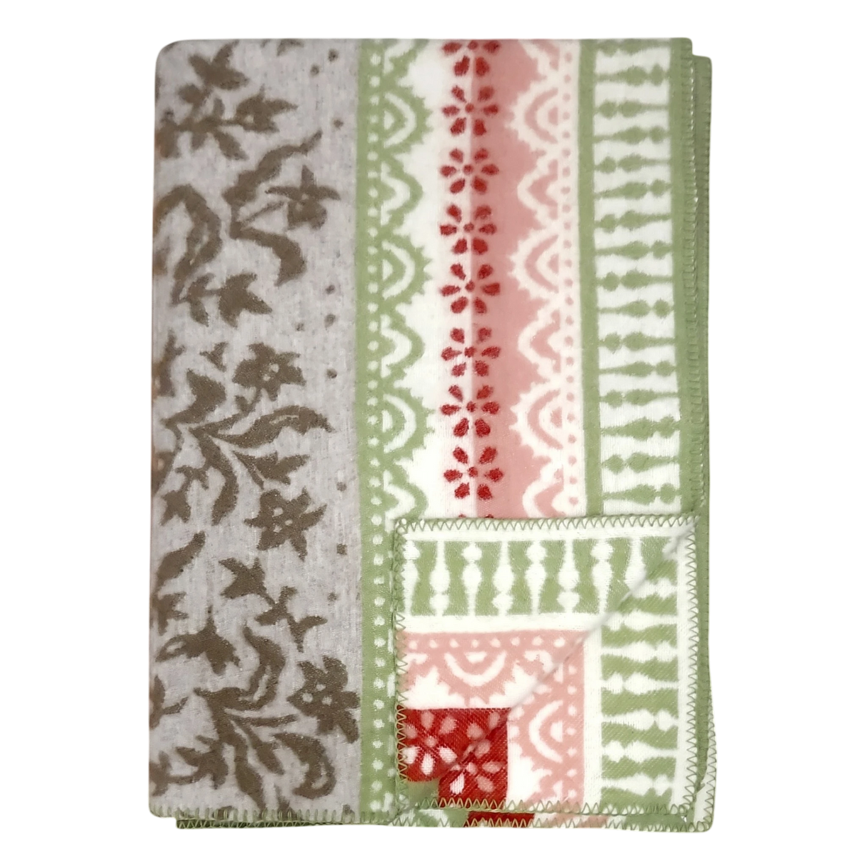Folded lambswool blanket featuring gray, green, red, and white floral and geometric patterns on a light surface.