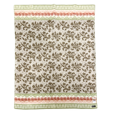 Beige lambswool blanket featuring green and pink borders, a brown leafy pattern in the center, and a small label sewn onto the bottom right corner.