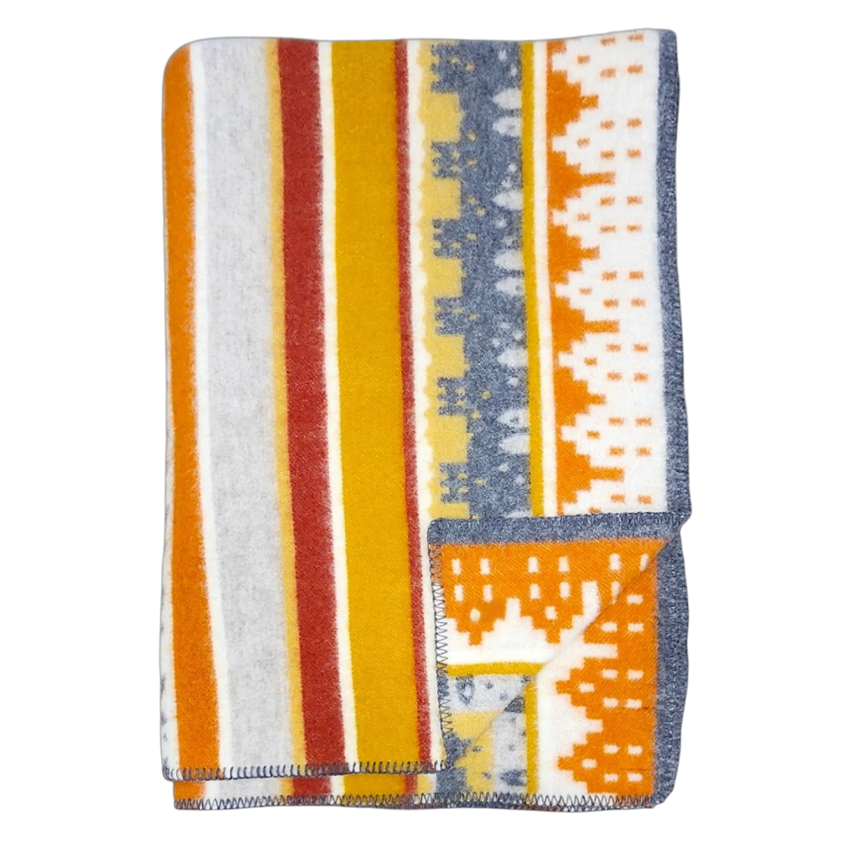 A folded Swedish blanket with yellow, orange, white, and gray stripes and geometric patterns; one corner is turned up to show the reverse side.