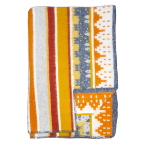 A folded Swedish blanket with yellow, orange, white, and gray stripes and geometric patterns; one corner is turned up to show the reverse side.