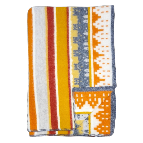 A folded Swedish blanket with yellow, orange, white, and gray stripes and geometric patterns; one corner is turned up to show the reverse side.