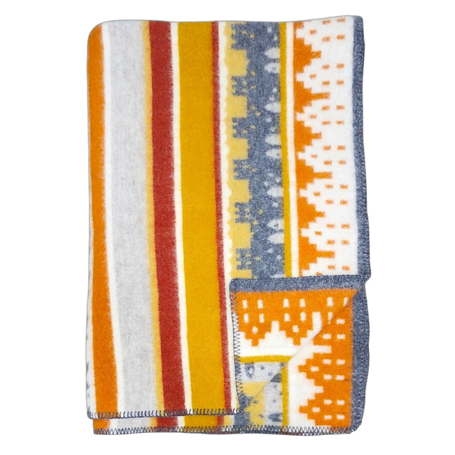 A folded Swedish blanket with yellow, orange, white, and gray stripes and geometric patterns; one corner is turned up to show the reverse side.