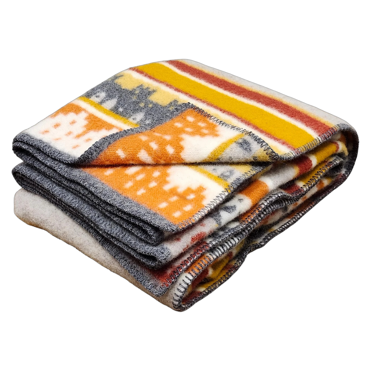Folded Swedish blanket with a geometric pattern in yellow, orange, gray, and white, made from lamb’s wool and finished with contrasting stitched edges.