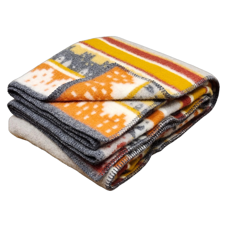 Folded Swedish blanket with a geometric pattern in yellow, orange, gray, and white, made from lamb’s wool and finished with contrasting stitched edges.