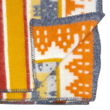 Folded Swedish blanket featuring yellow, orange, and gray geometric patterns with gray stitched edges.