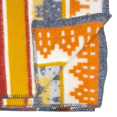 Folded Swedish blanket featuring yellow, orange, and gray geometric patterns with gray stitched edges.