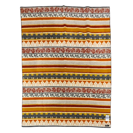 Blanket with horizontal stripes in red, gold, gray, and ivory, featuring visible Norwegian-inspired roses, leaves, and geometric patterns.