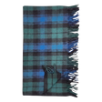 Folded Black Watch tartan blanket in blue and green plaid with fringed edges, displayed flat on a plain white background.