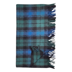 Folded Black Watch tartan blanket in blue and green plaid with fringed edges, displayed flat on a plain white background.