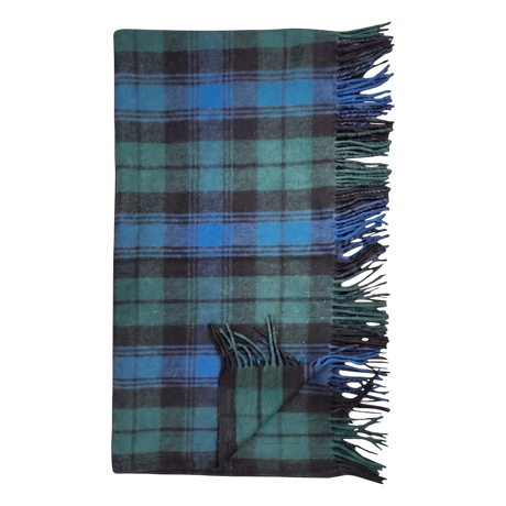 Folded Black Watch tartan blanket in blue and green plaid with fringed edges, displayed flat on a plain white background.
