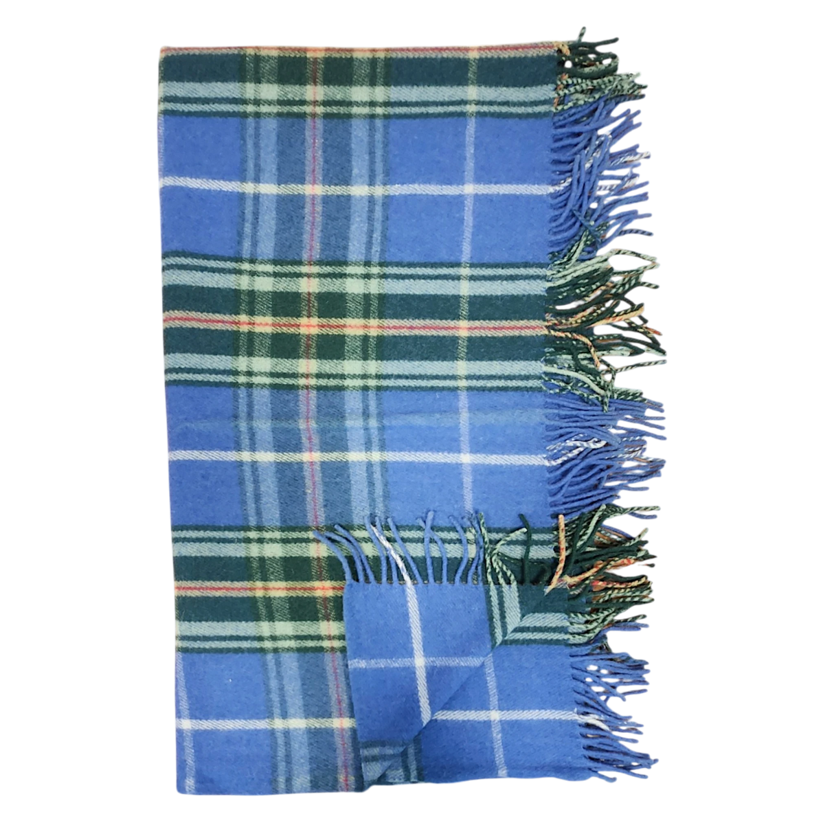 Folded Highland tartan blanket with green, white, and yellow stripes and fringed edges on a white background.