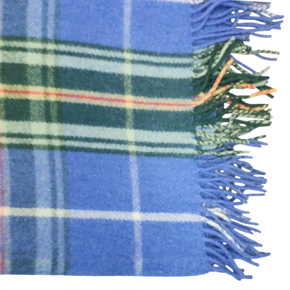 Blue Highland tartan blanket with green, white, and orange stripes and fringed edges, shown on the right side.
