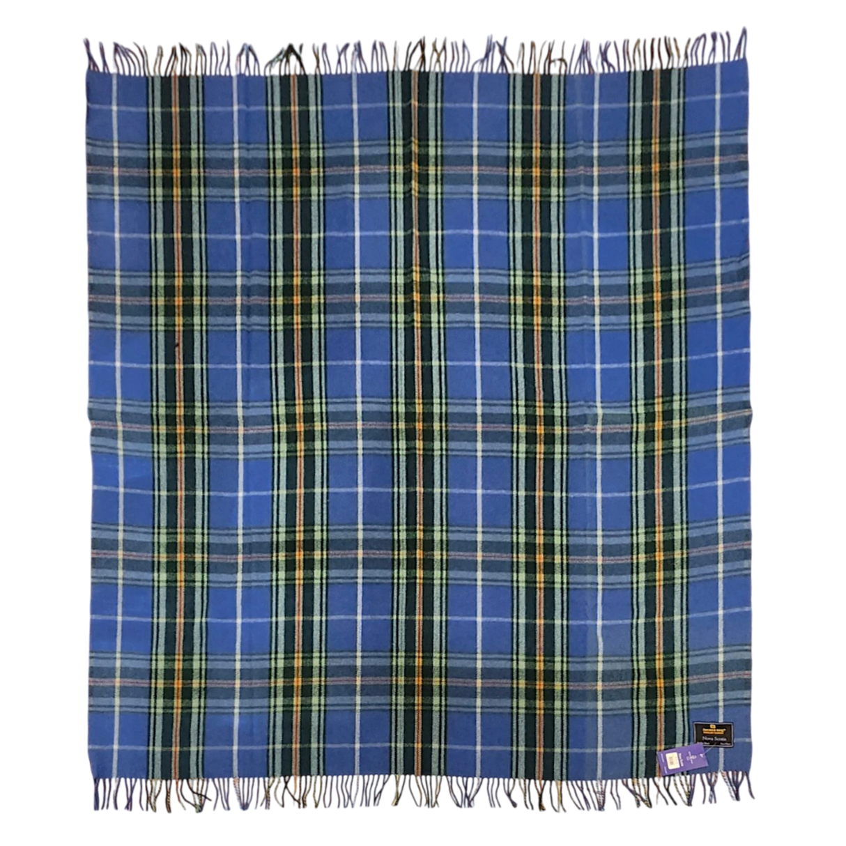 Blue Highland tartan blanket featuring yellow, white, and green stripes, fringed edges, and a label on one corner, laid flat on a white background.