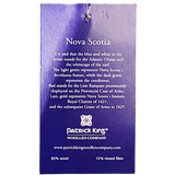 Blue Patrick King tag showing Nova Scotia tartan color meanings, company details, and fiber content: 85% wool, 15% mixed fibre.