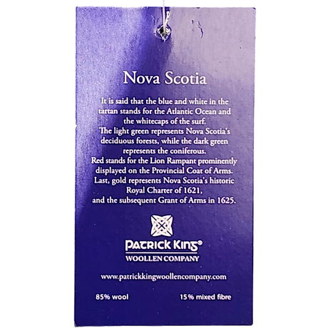 Blue Patrick King tag showing Nova Scotia tartan color meanings, company details, and fiber content: 85% wool, 15% mixed fibre.