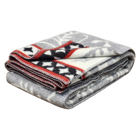 Folded gray Swedish wool blanket featuring a white leaf pattern and a red, black, and white star design along one edge.