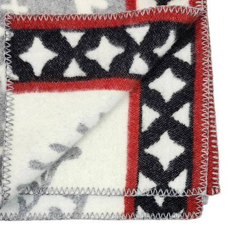 Close-up of a Swedish wool blanket featuring black, white, and red geometric patterns with zigzag stitching along the edges.