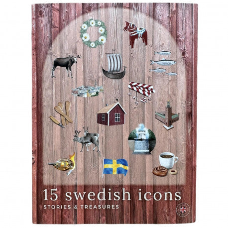 This illustrated book, "15 Swedish Icons Stories & Treasures," features a wooden board displaying icons such as a moose, Viking ship, and flag. Inspired by Swedish traditions, it captures Sofie Ullström's vibrant interpretation of Sweden's cultural charm.