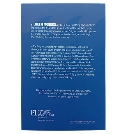 Blue book back cover with white text about Vilhelm Moberg’s The Emigrants novels, Minnesota Historical Society Press name, and a small logo at the bottom.