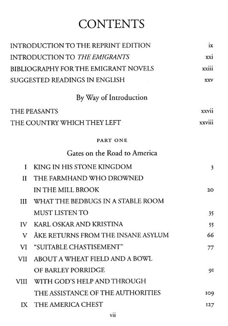 Book table of contents page showing chapter titles including “In the Mill Brook” and “What the Bedbugs in a Stable Room Must Listen To,” referencing Swedish immigrants.