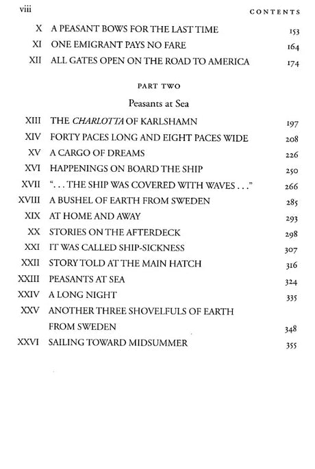 Table of contents page from a book, listing chapters X to XXVI with chapter titles and corresponding page numbers, referencing Swedish immigrants.