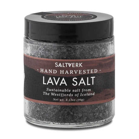 A clear glass jar labeled Salt: Saltverk - Lava Salt (90g) 3.17oz, a handharvested sustainable Icelandic sea salt from the Westfjords, blended with activated charcoal.