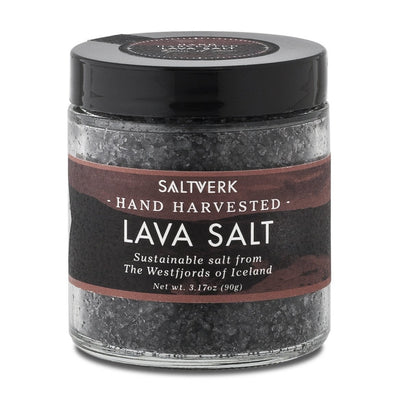 A jar of Saltverk sustainable sea salt, part of the 2-Flavor Gift Box (2-Pack), hand-harvested from the volcanic-rich Westfjords of Iceland, net weight 3.17 oz (90 g).