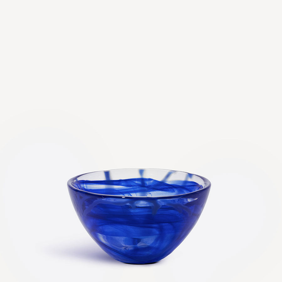 The KostaBoda: Contrast Bowl Blue Small, featuring a swirling pattern reminiscent of Anna Ehrners designs, rests on a plain white surface.