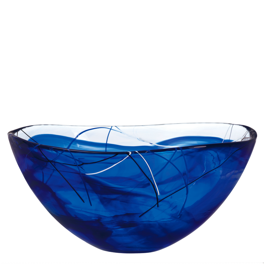 The Kosta Boda Contrast Blue Bowl Large by Anna Ehrner features a deep blue glass with abstract black and white swirls, showcasing an irregular, asymmetrical shape.