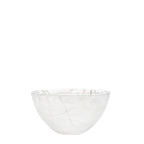 A KostaBoda Contrast Bowl by Anna Ehrner, featuring white with blue and black veining, is displayed against a plain white background.