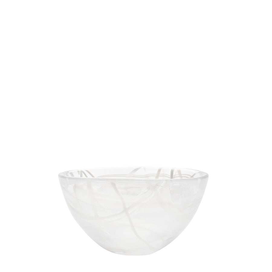 The KostaBoda: Contrast Bowl White, designed by Anna Ehrner, features swirling white patterns on transparent glass, showcasing elegance against a plain white background.