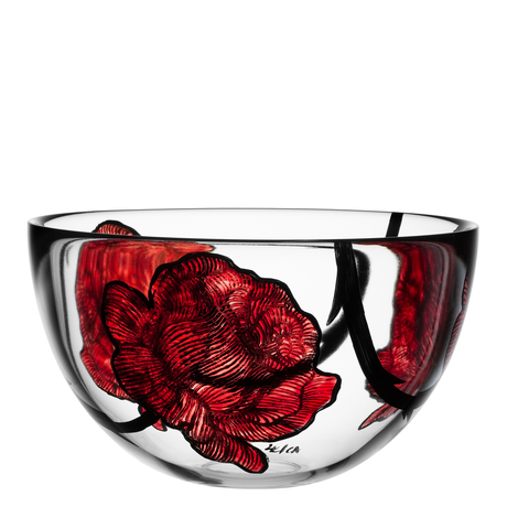 KostaBoda: Tattoo Bowl Large, designed by Ludvig Lofgren, features a clear glass exterior with intricate hand-painted red flower designs.