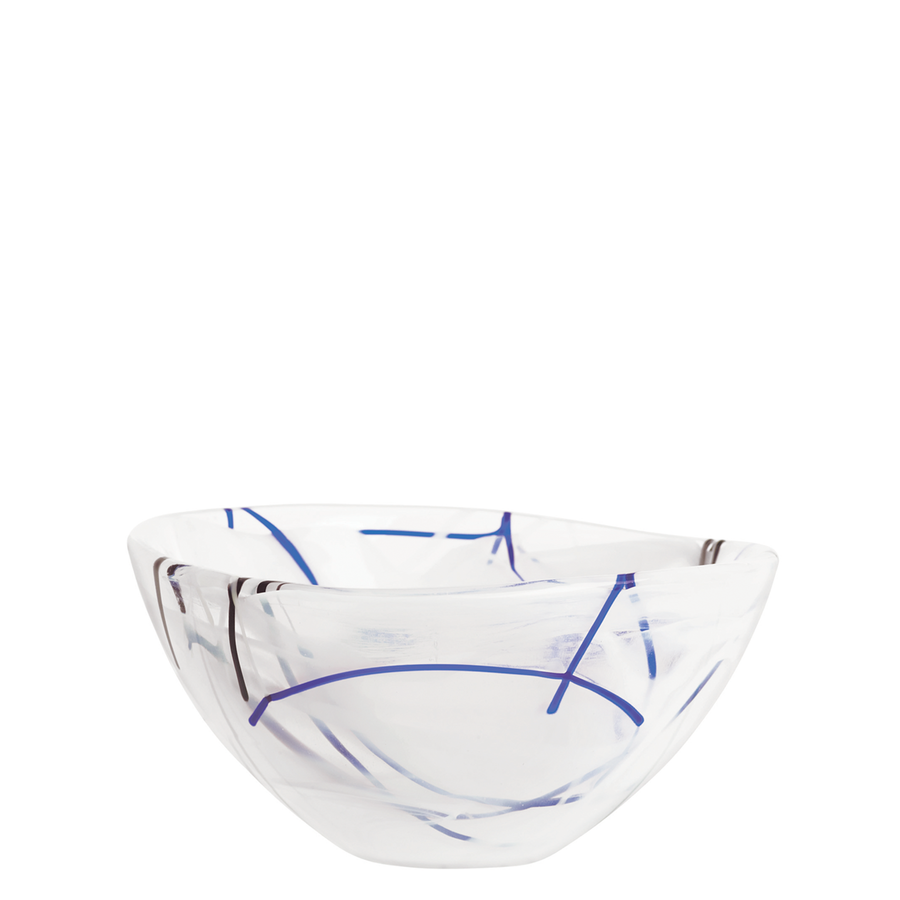 The KostaBoda: Contrast White Bowl Small is an exquisite glass creation by Anna Ehrner, featuring an abstract blue and black line design on a pristine white background that embodies her signature style.