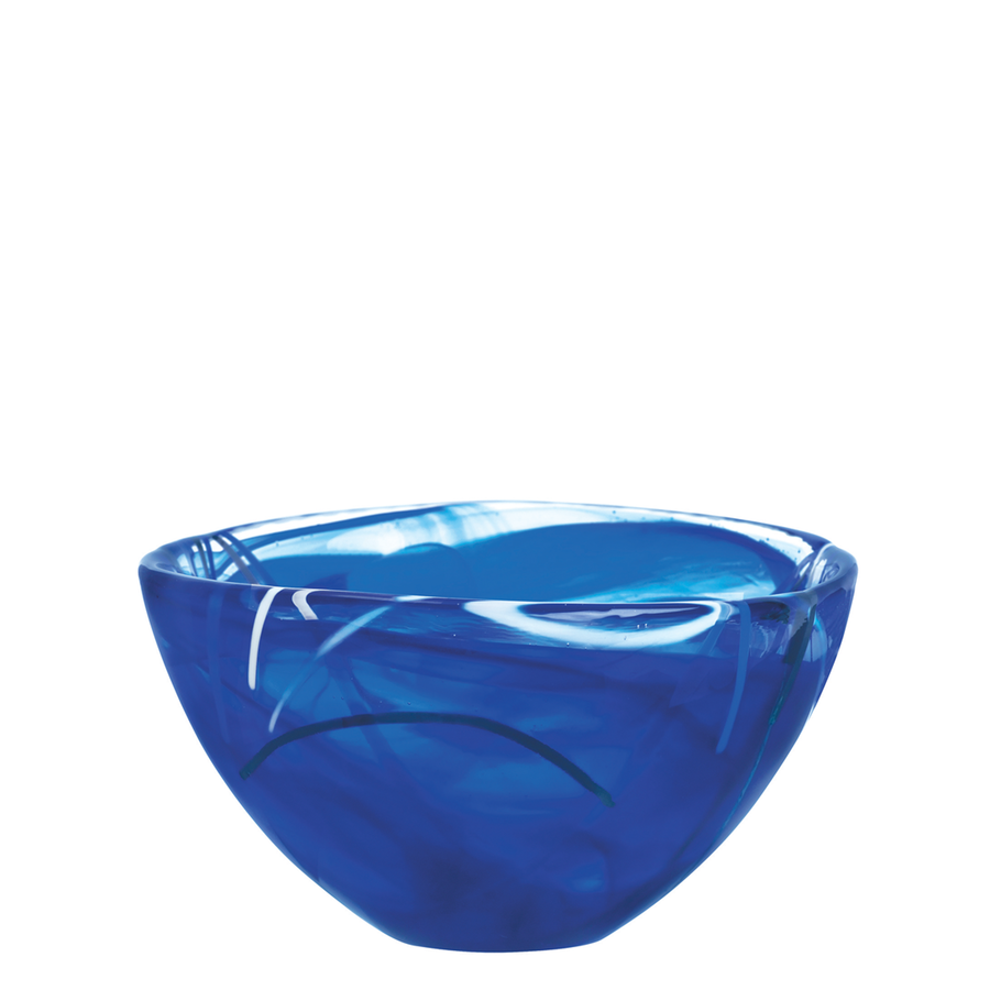 The KostaBoda: Contrast Blue Bowl Small by Anna Ehrner showcases mesmerizing swirling blue patterns against a plain white background.