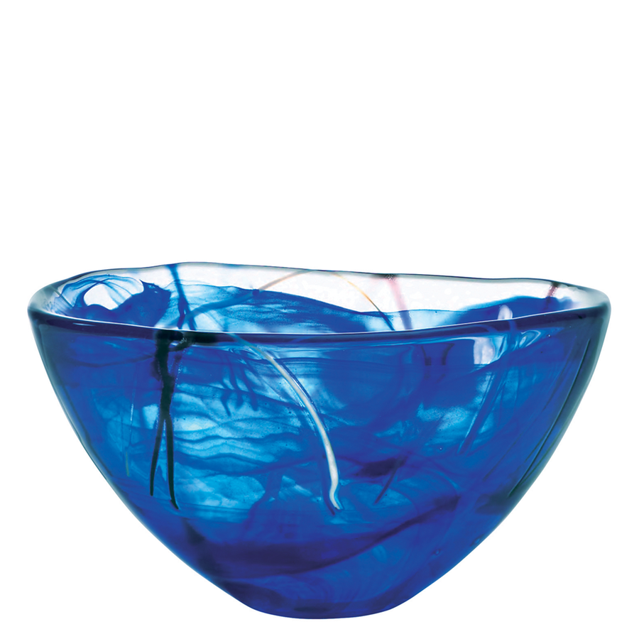 The KostaBoda: Contrast Blue Bowl Medium, designed by Anna Ehrner, showcases a captivating marbled pattern on blue glass against a white background.