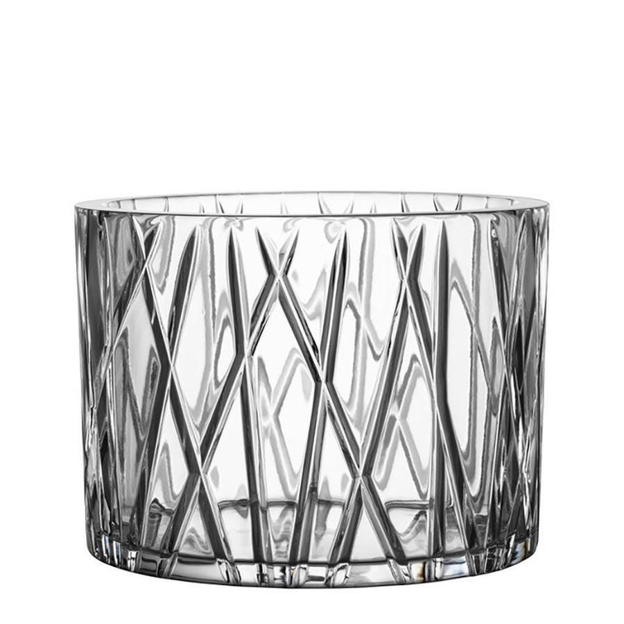 The Orrefors: City Bowl is a clear glass cylindrical piece with a diamond-cut pattern, set against a white background, reminiscent of Martti Rytkönens craftsmanship and embodies elegance and sophistication.