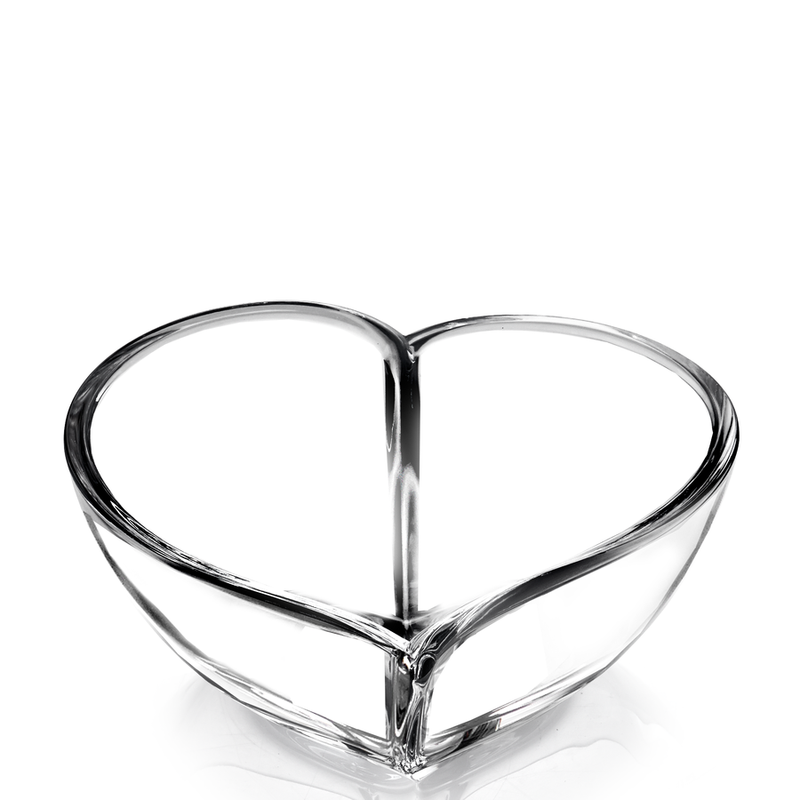 The Orrefors: Heart Bowl Large, made from transparent glass, is elegantly displayed against a plain white background when viewed from above.