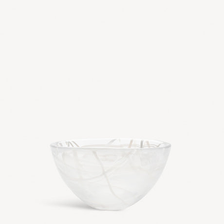 A KostaBoda Contrast Bowl by Anna Ehrner, featuring white glass with blue and black veining, shown against a plain white background.