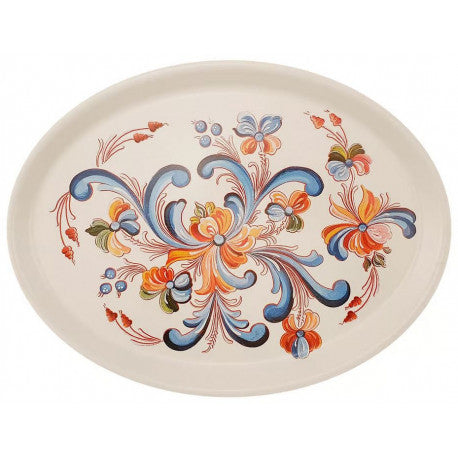 The Nordic Rose Oval Serving Tray features a stunning white backdrop adorned with intricate floral patterns in blue, orange, and red, evocative of Swedish Kurbits artistry.