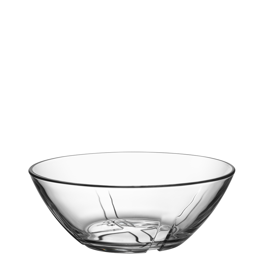 The KostaBoda: Bruk Clear Bowl Small, designed by Anna Ehrner, showcases a few visible cracks on its clear glass surface, adding rustic elegance.