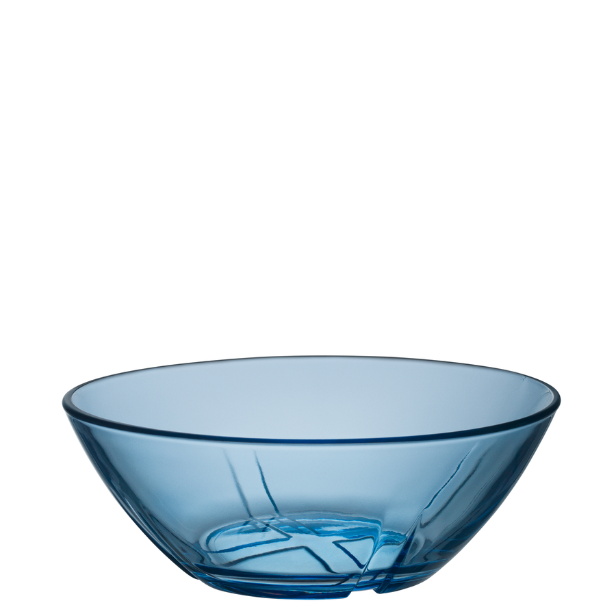 A smooth, transparent blue glass bowl reminiscent of Anna Ehrners elegant designs for Kosta Boda, viewed from a slightly elevated angle, named the KostaBoda: Bruk Bowl Blue Small.