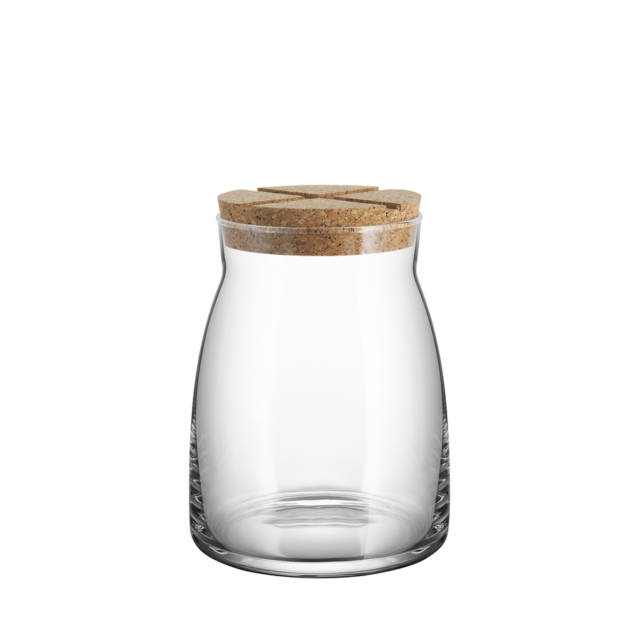 The KostaBoda: Bruk Jar with Cork is made from mouth-blown glass and includes an airtight cork lid, standing elegantly upright.