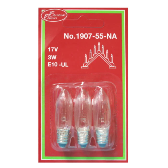 The Candelabra 3-Pack of Light Bulbs is perfect for your 7-light candelabra this Christmas; these are clear, 17 Volt, 3 Watt bulbs with E10 bases, No. 1907-55-NA, in festive red and green packaging.