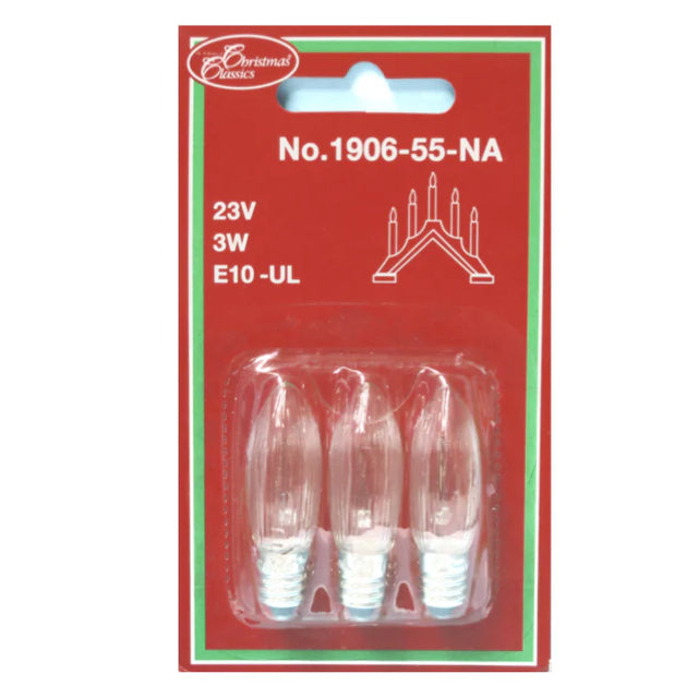 Three clear 23V, 3W E10-UL light bulbs in a festive Christmas Classics package—this 3-pack is perfect as replacement bulbs for your 5-light Swedish candelabra holiday décor.