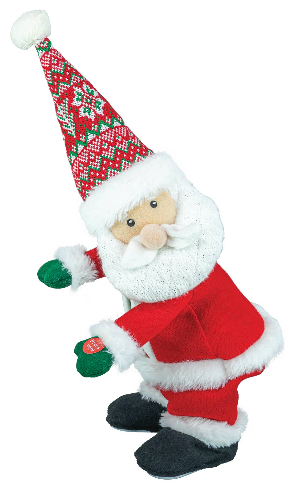 The Decor: Animated Dancing Santa – Tabletop Holiday Decoration features a plush Santa in a red suit, white beard, patterned hat, and green mittens, posed waving—a cheerful musical animated figure perfect for holiday displays.