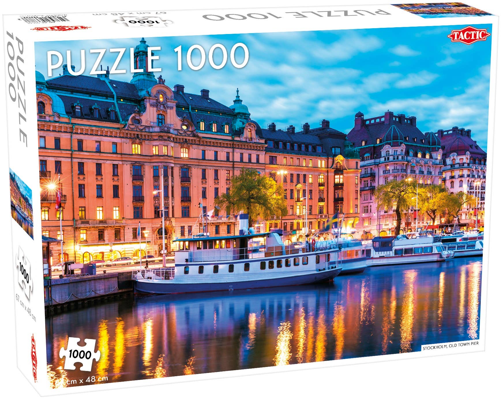 Explore the intricate allure of our premium Puzzle: Stockholm Old Town Pier 1000pc Puzzle. This puzzle box showcases a breathtaking waterfront cityscape with historic buildings and boats, all beautifully depicted at the Stockholm Old Town Pier.