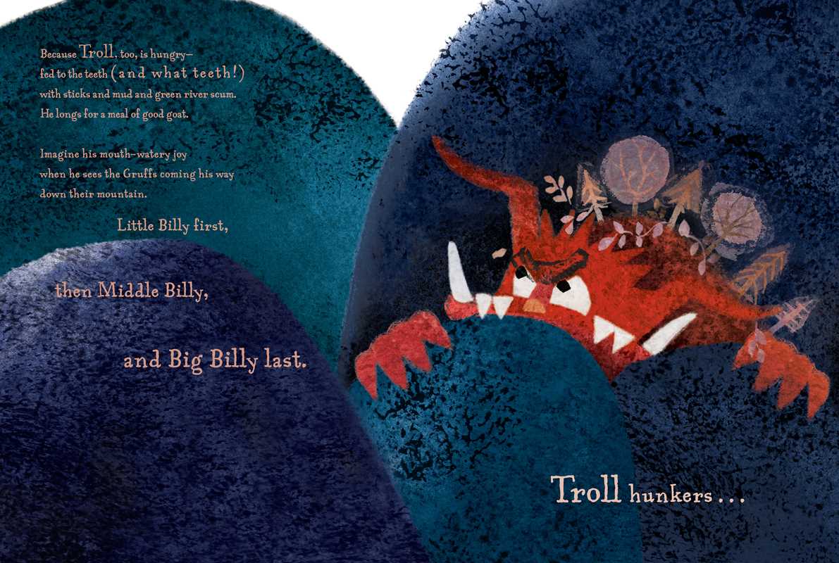 An illustration from Book: Three Billy Goats Gruff—the FULL Story by Richard Jackson (Hardcover, 48 pages) shows a red troll with sharp teeth hiding behind blue hills as it watches the goats—a perfect scene for picture book lovers.