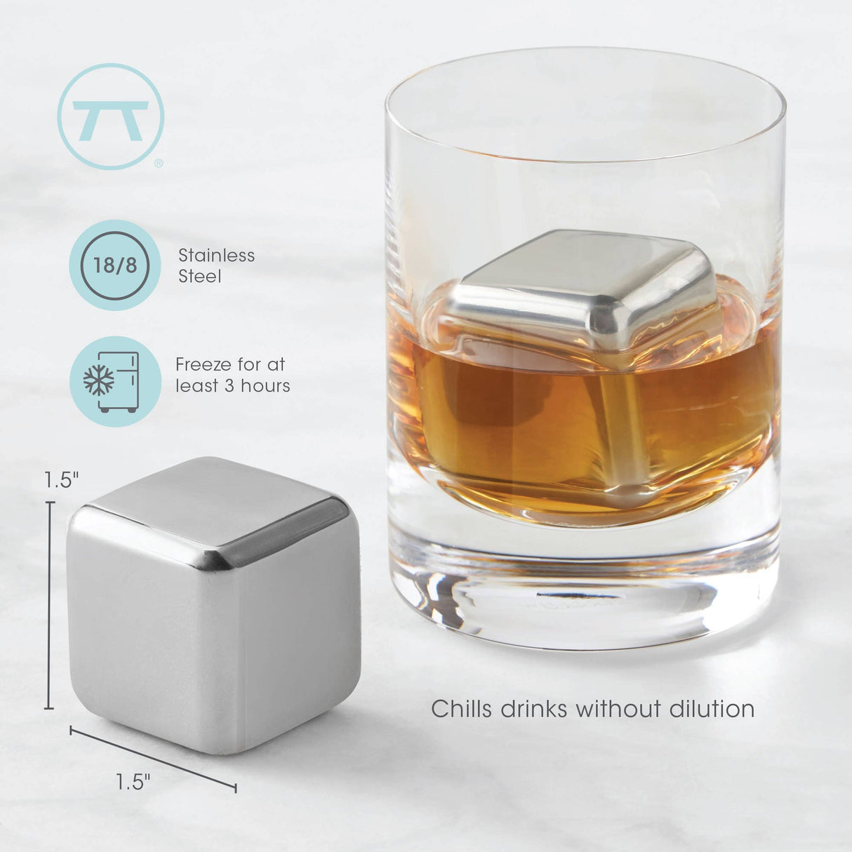 A glass of whiskey with a large Cubes: Stainless Steel Ice Cube (1.57" square) inside; another sits beside it. Text highlights features like reusable ice cubes, fast freeze time, and the set of 2 in a plastic case.