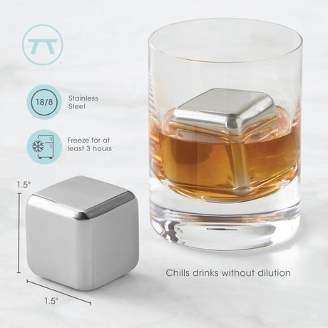 A glass of whiskey with a large Cubes: Stainless Steel Ice Cube (1.57" square) inside; another sits beside it. Text highlights features like reusable ice cubes, fast freeze time, and the set of 2 in a plastic case.